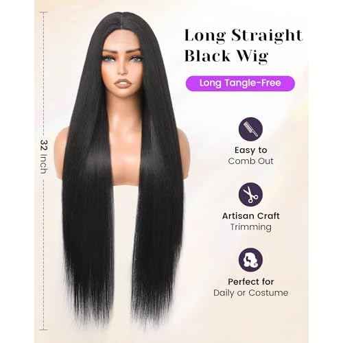 Long Straight Black Wigs for Women Glueless Synthetic Wig Middle Part 32 Inch