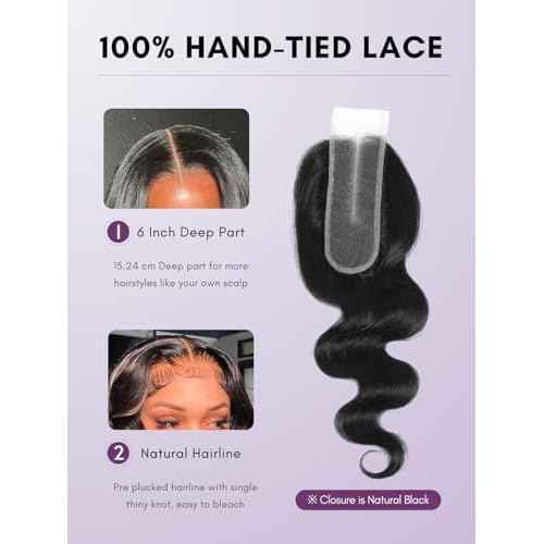 Black With Platinum Blond Highlight Bundles and 2x6 HD Lace Closure Body Wave Human Hair, 12A Balayage Ombre Skunk Stripe 3 Bundle With Long Deep Part Natural Black 2x6 Kim K Closure 10 12 14+10