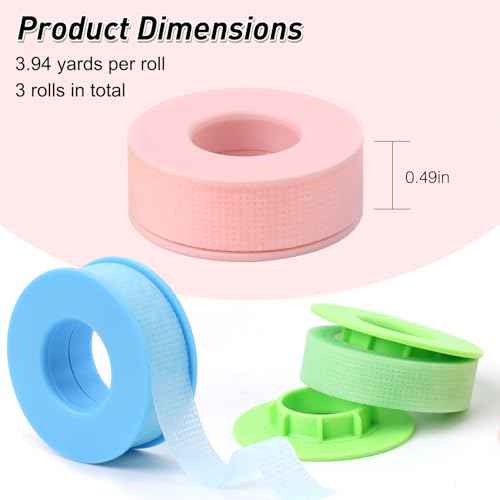 Obeyalash 3 Rolls Lash Extension Tape Silicone Gel Eyelash Tape for Lash Extensions, Latex Free Sensitive Skin, Micropore Breathable, Pain-Free Removal for Makeup Supplies(1in x 4yd,Green Blue Pink)