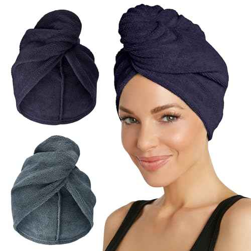 Turbie Twist 2-Pack Microfiber Hair Towel for Beauty, Travel, Gifting - Wrap Turban for Straight, Wavy & Curly Hair - Premium Personal Care- Evening Blue & Dark Shadow
