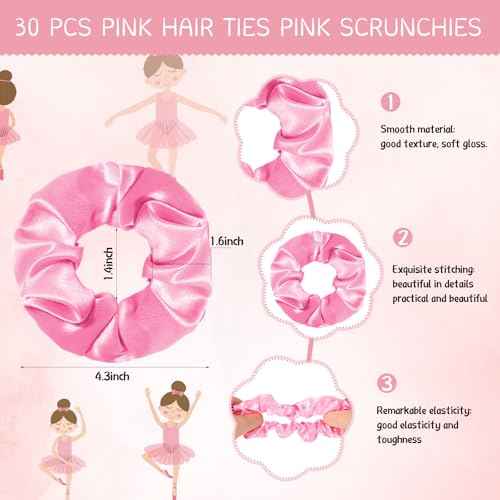 Yinkin 30 Sets Ballerina Party Favors for Girls Hair Scrunchies with Thanks Twirling Cards for Birthday Dance Recital Gifts Ballet Party Favors(Pink)