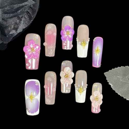 Handmade Press On Nails Medium/Long Square Pink 3D Sakura Design - Reusable French Acrylic Fake Nails with Gold Stars & Pearls, Luxury Cherry Blossom False Nails (Sakura, M)