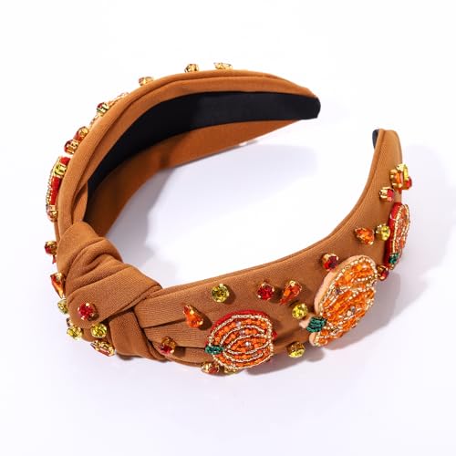 Thanksgiving Headband for Women Fall Accessories Beaded Pumpkin Headbands Jeweled Rhinestone Crystal Knotted Headband Thanksgiving Fall Hair Accessory Gifts (Pumpkin 1 - Brown)