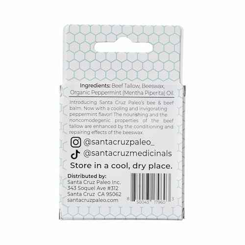 Santa Cruz Paleo Grass Fed Beef Tallow & Beeswax Peppermint Lip Balm, 1 Pack, Beef Tallow for Skin Care Moisturizer, Hypoallergenic for Sensitive Skin, Long Lasting & Vitamin Rich, Peppermint