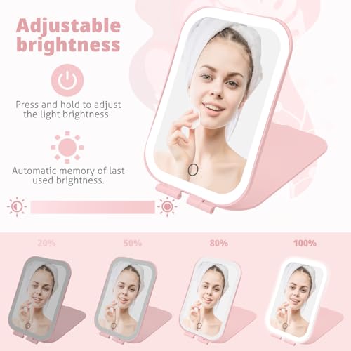 Travel Makeup Mirror, Portable Mirror with 3 Adjustable Light Settings, USB-Rechargeable Vanity Mirror with Lights£¬Gift for Women and Girls (Pink)
