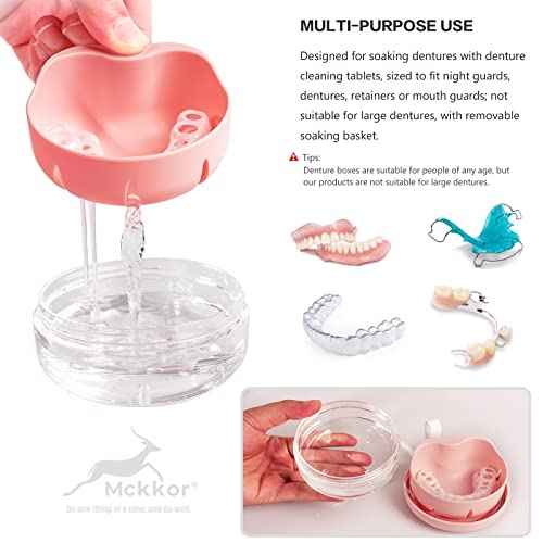 Denture Case, Definitely No-Leak Denture Bath Box for Traveling Perfectly, Denture Cup with Strainer & Mirror(Pink)