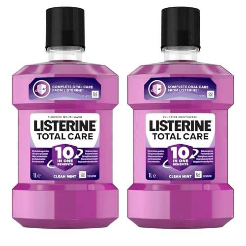 Listerine Total Care Mouthwash, 10 Benefit Fluoride Mouthwash for Bad Breath and Enamel Strength, Clean Mint Flavor, 1 Liter (Pack of 2)