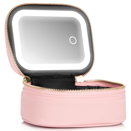 Small Makeup Bag with Led Mirror, Mini Travel Make up Bag 3 Light Modes Adjustable Brightness, for Women Organizer Cosmetic Bag, Portable Travel Train Toiletry Bag, for Pool Parties Work Touch-Ups