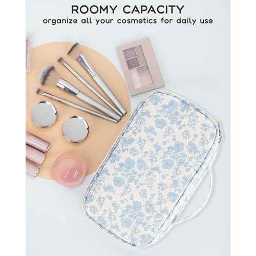 Relavel Travel Makeup Bag, Small Floral Cosmetic Bag with Makeup Brush Compartment, Portable Makeup Pouch for Women, Double Layer Makeup Organizer Bag Cute Toiletry Bag