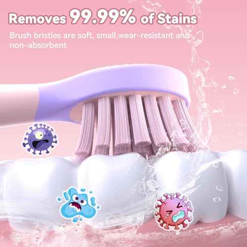 JTF Kids Electric Toothbrush Rechargeable: Sonic Tooth Brush with Smart Timer 5 Brushing Modes 4 Soft Brush Heads IPX7 Waterproof and DIY Sticker, Portable Pink Children Toothbrushes for Girl, Ages 3+
