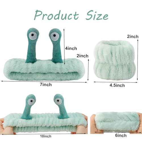 SuPoo 3pcs Snail Face Wash Headband and Wristband Set, Green, Puffy Microfiber Fleece Material, Cute Wrist Towels, for Spa, Sports, Yoga, Face-Washing, Makeup and Shower