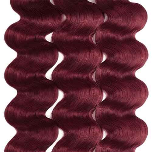 99J Burgundy Body Wave Human Hair Bundles 18 20 22 Inch 3 Bundles Brazilian Virgin Remy Hair Extensions Weave Soft Bouncy Curly Sew In for Black Women