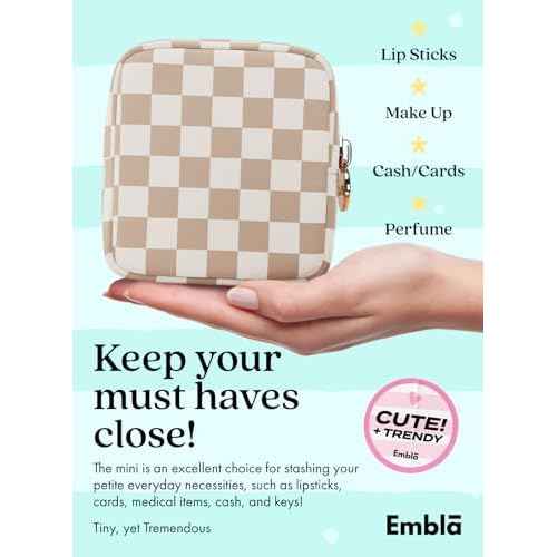Embla Makeup Bag Travel Cosmetic Bag, Toiletry Bag, Cute Makeup Organizer, Nylon Zipper Pouch Purse Storage Bag Cosmetics Organizer, Womens Make Up Bag Mini Makeup Bags (Sand Checkered)