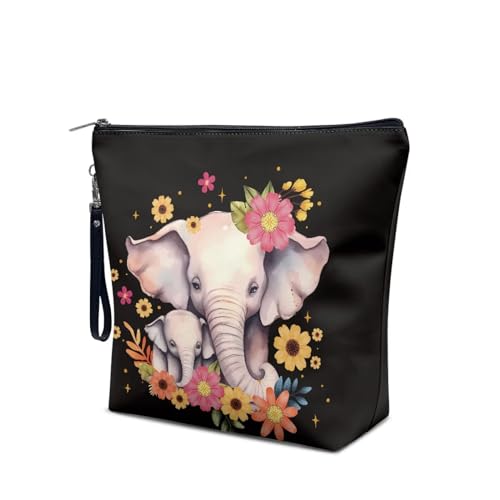 PCSJRKG Flowers Elepahnt Printed Makeup Bag Cute Elephant PrintedCosmetic Bags for Women and Girls, Large Capacity Leather Cosmetic Bag Travel Makeup Bag, Makeup Organizer Bag Zipper Pouch