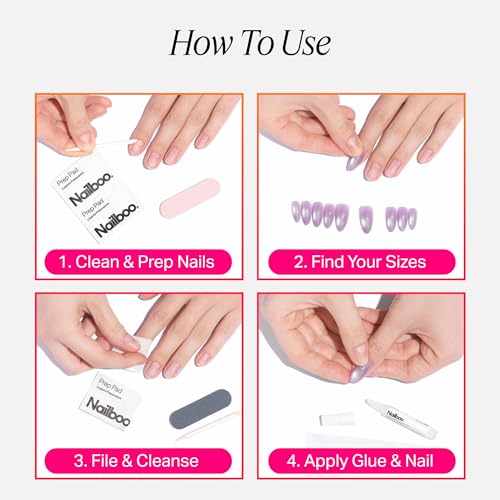 Nailboo Press On Nails, Salon-Quality Reusable Fake Nails for Fast DIY Manicure with Strong Hold Nail Glue for Press Ons, Nail File, & Alcohol Prep Pads, Frenchie
