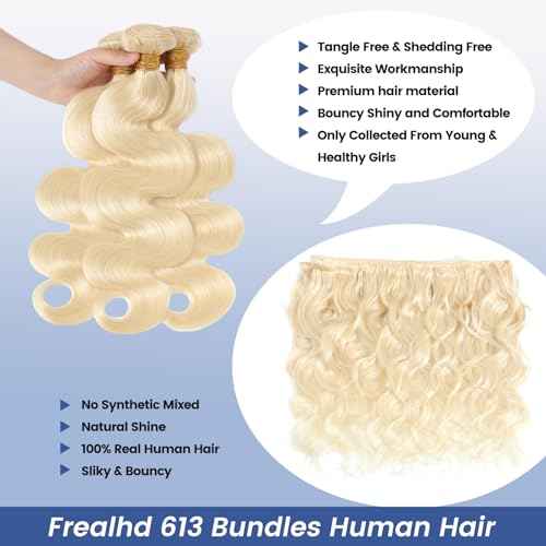 613 Blonde Bundles Human Hair Body Wave 22 inch, 16A Quick Weave Bundles Human Hair Sew in Extensions 100% Real Human Hair No Synthetic Blend, Double Weft, Triple Lifespan 3X, Can Be Dyed