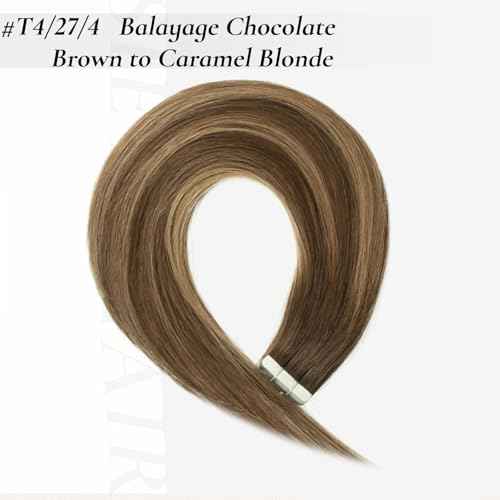 Tape in Hair Extensions Human Hair, 20pcs 50g 20 Inch Tape in Hair Extensions,Balayage Chocolate Brown To Caramel Blonde,Invisible Remy Silky Straight Natural Thick Real Human Hair Extensions