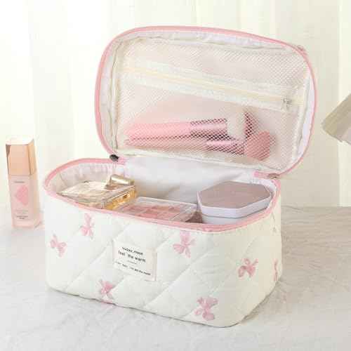 Large Quilted Makeup Bag for Women and Girls, Cute Coquette Floral Cotton Cosmetic Bag, Aesthetic Travel Organized Toiletry Bags (07White Pink Bows)