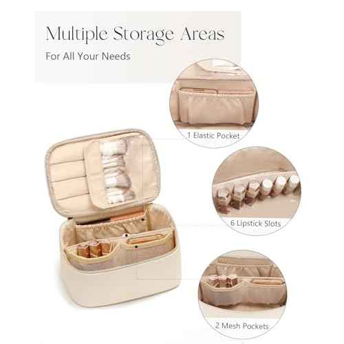 Prite Makeup Bag Portable Cosmetic Organizer with Brush Holder Waterproof Travel Toiletry Bag for Women with Handle and Divider (Beige)