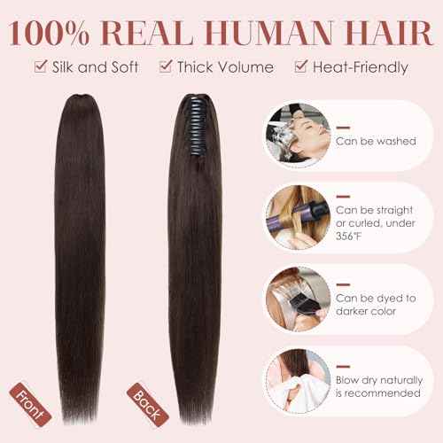 Human Hair Claw Clip Ponytail, Claw Clip Human Hair Ponytail,Effortless Application with Secure Hold,Style in Seconds,Quick Styling Solutions for Busy Lives,20"/117g Dark Brown