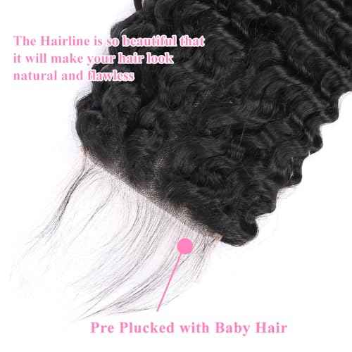 5x5 HD Lace Closure Deep Wave Ultra-thin Transparent HD Lace Closure 12A Brazilian Virgin Human Hair Closure Free Part Pre Plucked with Baby Hair Natural Black 22 Inch