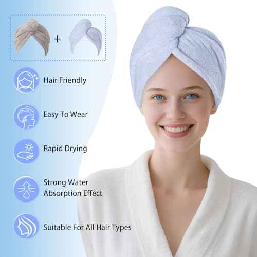 2 Packs Single Layer Microfiber Hair Turbans - Drying Wrap for Women (Blue,Gray)