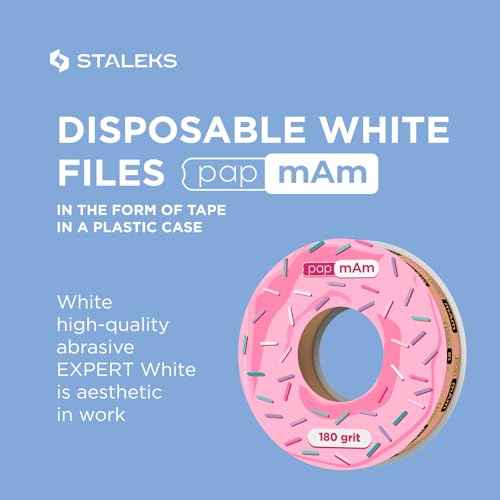 STALEKS PRO Disposable White Abrasive Tape papmAm Expert ? 180 Grit ? 7m Roll ? Glueless Replaceable Abrasive for Plastic Case ? Professional Nail Shaping ? Manicure & Pedicure