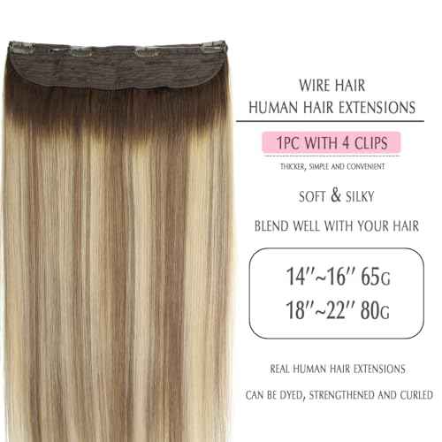SURNEL Human Hair Hola Extensions Balayage Walnut Brown to Ash Brown and Golden Blonde Remy Invisible Wire Hair Extensions 22 inch 80g(22,3/8/22)