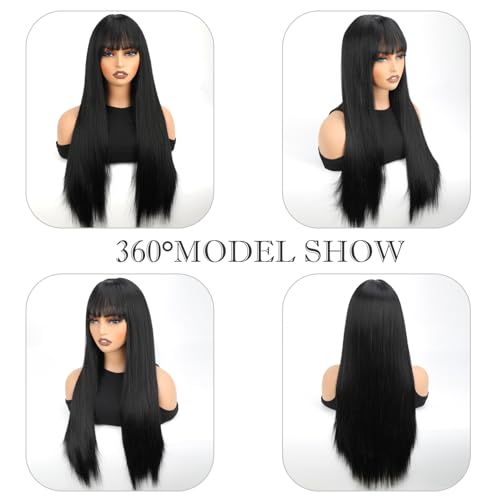 Civrie Black Wig Long Straight 28 inch Cosplay Wig for Women with Bangs Natural Hair Fiber Synthetic Wig, Perfect for Christmas, Parties, and Cosplay