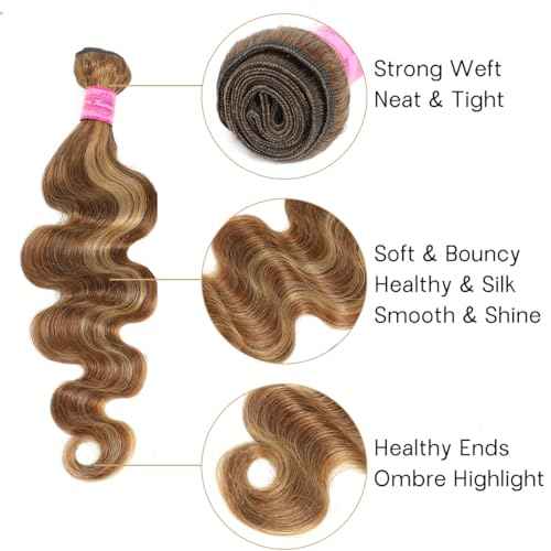 Ombre Brown Highlight Body Wave 3 Bundles with 4x4 Closure Human Hair HD Lace Free Part Soft and Glossy 12A Blonde P4/27 Color 100% Human Hair Bundles with Closure 16 18 20+14 Inch