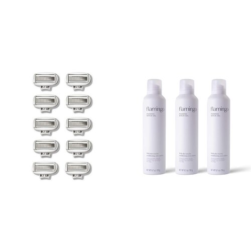 FLAMINGO Women's Razor 5-Blade Refills - Razors for Women - 10ct & Women's Foaming Shaving Gel with Aloe Vera, 6.7oz - 3ct