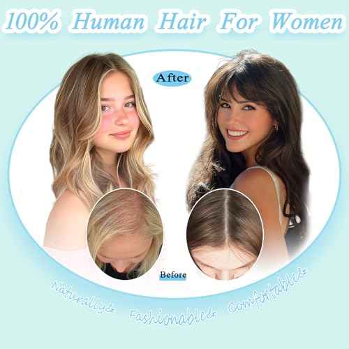 Hair Toppers for Women Real Human Hair, Realistic Biological Scalp Toppers HairPieces for Women with Thinning Hair Middle Part Clip in Bangs Big Base 360¡Æ 3D Cover (Dark Brown, 14 Inch)