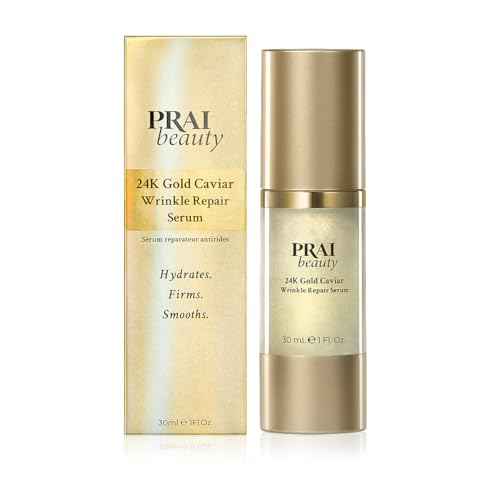 PRAI Beauty 24K Gold Caviar Wrinkle Repair Serum for Face | Anti-Aging Serum with Hyaluronic Acid to Plump and Fill In Wrinkles | Anti-Wrinkle Serum with Vitamin C for Brighter, Firmer Skin | 1.0 Oz
