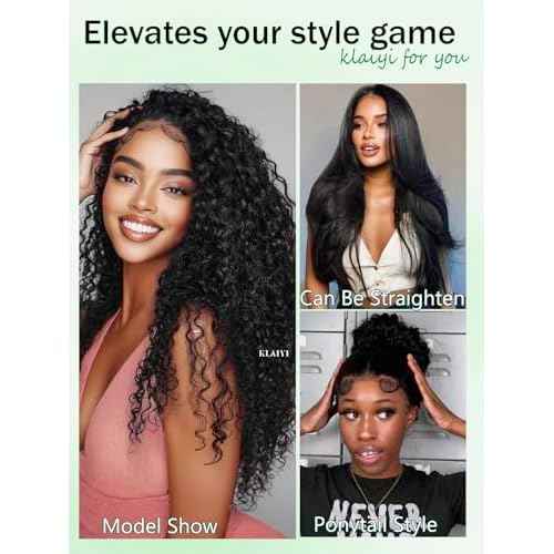 KLAIYI Water Wave Pre Everything Glueless 13x4 Lace Front Wigs Human Hair Precut Lace Pre Plucked Pre Bleached Bye Bye Knots Curly Wear and Go Beginners Wig with Drawstring 30S Ready to Wear 16Inch
