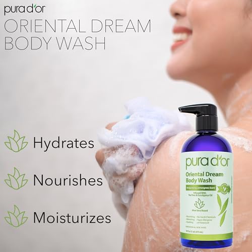 PURA D'OR 16 Oz Oriental Dream Body Wash ? Invigorating Lemongrass Scent ? Aloe Vera Based, Infused with Tea Tree & Eucalyptus Oils ? pH Balanced, Sulfate-Free, Hypoallergenic, Vegan ? For Men & Women