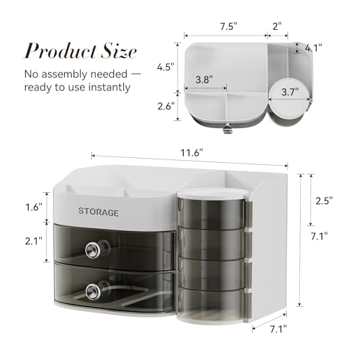 LAMU Makeup Organizer Countertop, Cosmetic Storage for Dresser Bathroom Countertop, Include 4-Tier Rotating Jewelry Box for Brushes, Skincare, Perfume, Office, Earring, Jewelry Organizer, White
