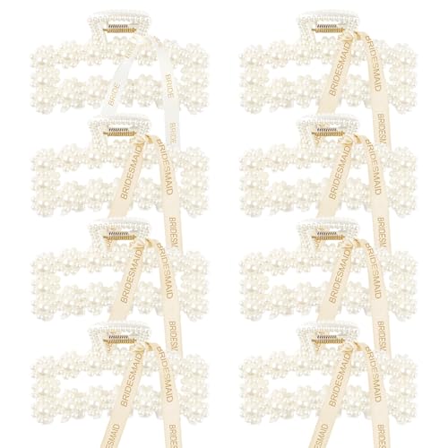 DEEKA Bridesmaid Gifts Set of 8 Bridesmaid Proposal Gift Pearl Bride Hair Clips with Ribbon Large Hair Clips Bachelorette Party Favors Bridal Party Present Gifts (Rectangle White&Champagne)