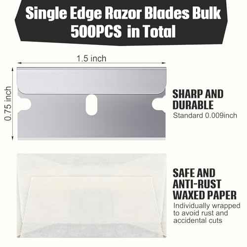 Lasnten 500 Pcs Single Edge Razor Blades, Industrial Scraper Razor Blades Safety Straight Edge Replacement Box Cutter Blade for Glass Paint Scraper, Removing Labels, Decals, Stickers