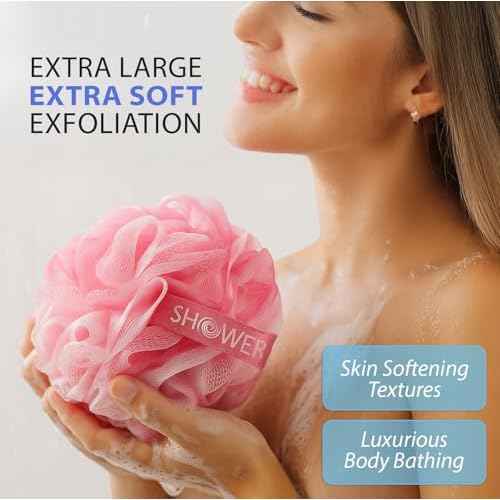 SHOWER BOUQUET Pink-Loofah Bath-Sponge XL 4-Pack // Extra Large 75g Soft Mesh Net Pink Loofa Loufa Luffa Lufa Puff Set/Exfoliating Body Scrubber for Women and Men - Exfoliate & Soothe Face & Body