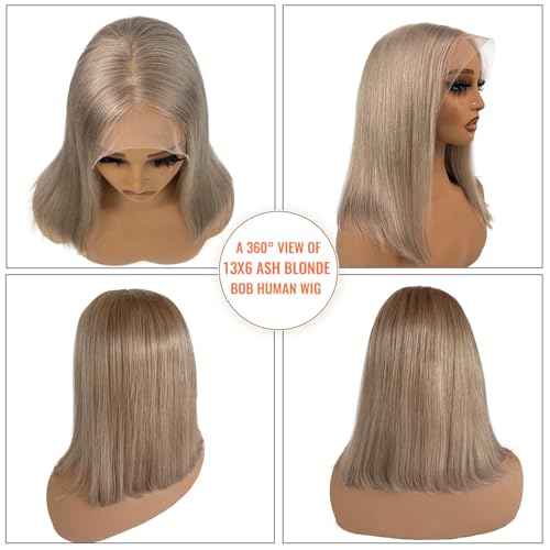 Ash Blonde Bob 13x6 HD Lace Front Wigs Human Hair 180% Density Blonde Bob Wig Human Hair Deep Part 14 Inch Silky Straight Ash Blond Wig for Black Women Pre Plucked Hairline