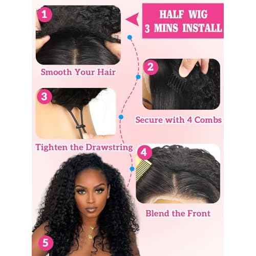 yosly Half Wig Human Hair Water Wave Glueless Wigs Curly Half Wig 3 In 1 Adjustable Drawstring Seamless Flip Over Invisible Hairline Wear Go Beginner Friendly Curly Half Wigs for Women 16 Inch