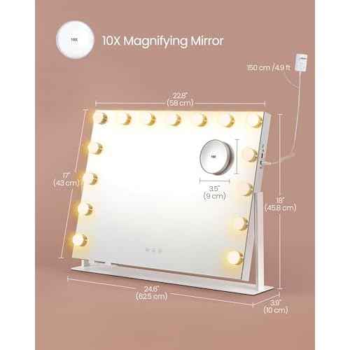 SONGMICS Vanity Makeup Mirror with Lights, Touch Control, 15 LED Bulbs, with Charging Ports, Detachable 10X Magnifying Mirror, 3 Color Temperatures, Dimmable, Phone Holder, Matte White ULWM001W01V1
