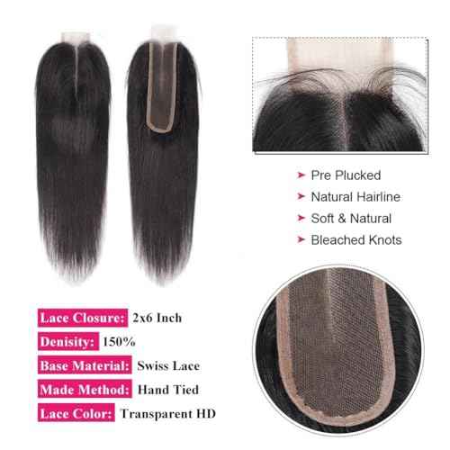 12A Straight Bundles with 2x6 Closure Human Hair 16 18 20 with 14 Inch 100% Unprocessed Brazilian Virgin Human Hair Weave Bundles with 2x6 HD Lace Closure