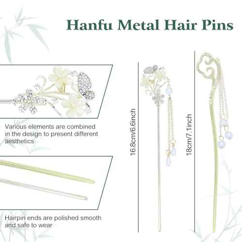 inSowni 8 Pieces Vintage Retro Asian Chinese Hanfu Gold Metal Hair Sticks Pins with Pearl Pendants Bamboo Leaf Flower Fishtail Hair Chopsticks Forks Bun Updo Holders Long Hairpins for Women Girls