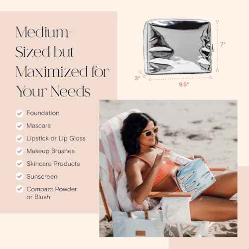 Stay Golden Metallic Silver Insulated Waterproof Makeup Bag for Women Heat-Resistant Travel Cosmetic & Toiletry Bag | Luxurious Vegan Leather Portable Makeup Organizer - Medium