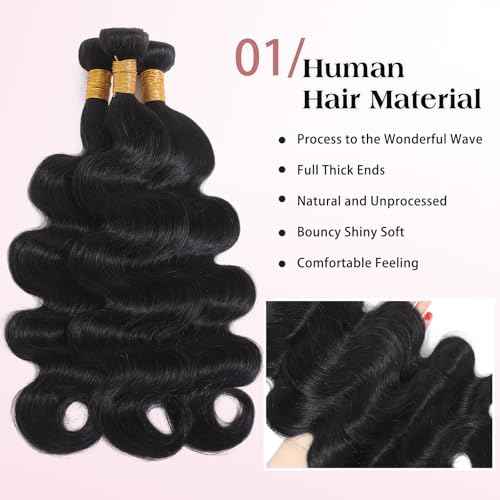 12A Human Hair Bundles Body Wave 24 26 28 INCH Brazilian Virgin Human Hair Extensions 3 Bundles Natural Black for Women