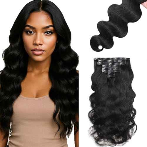 Loxxy Body Wave Clip in Hair Extensions, 20 Inch Natural Black Body Wave Seamless Clip Ins Human Hair Extensions #1B 7Pieces 110g PU Weft Easy Application