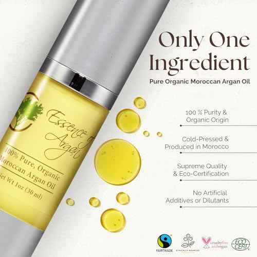 Essence Of Argan Moroccan Argan Oil for Hair, Skin & Nails - Natural Eco-Certified Cold Pressed Oil for Skin Moisturization - Non-Greasy Formula for Hair and Nail Growth - 1.7 Oz /50ml