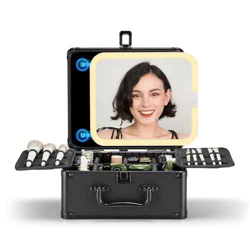 OMIRO Makeup Case, Makeup Bag with Light Up Mirror Set, Makeup Organizer Bag with Magnet Makeup Mirror for Women and Girls