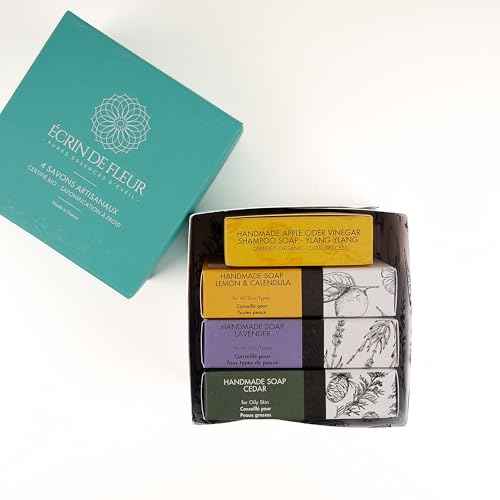Handmade Organic Soap 4-pack (Cedar 3.2 oz, Lavender 3.2 oz, Lemon & Calendula Flowers 3.2 oz, Shampoo - Ylang Ylang 1.9 oz)